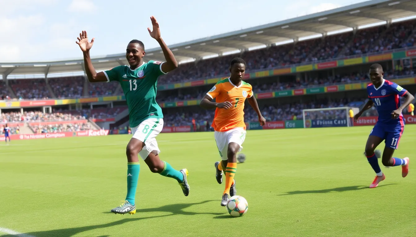 A vibrant scene of players from various African nations competing fiercely on the pitch, symbolizing the spirit and unity of the Africa Cup of Nations
