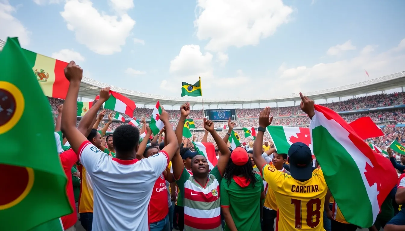 Fans gather in a vibrant stadium, waving flags and wearing jerseys as they eagerly await the kickoff of the Africa Cup of Nations tournament.