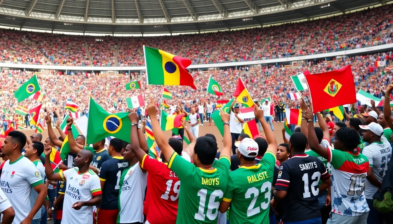 The iconic trophy of the Africa Cup of Nations displayed prominently, symbolizing the competition's rich legacy and prestige
