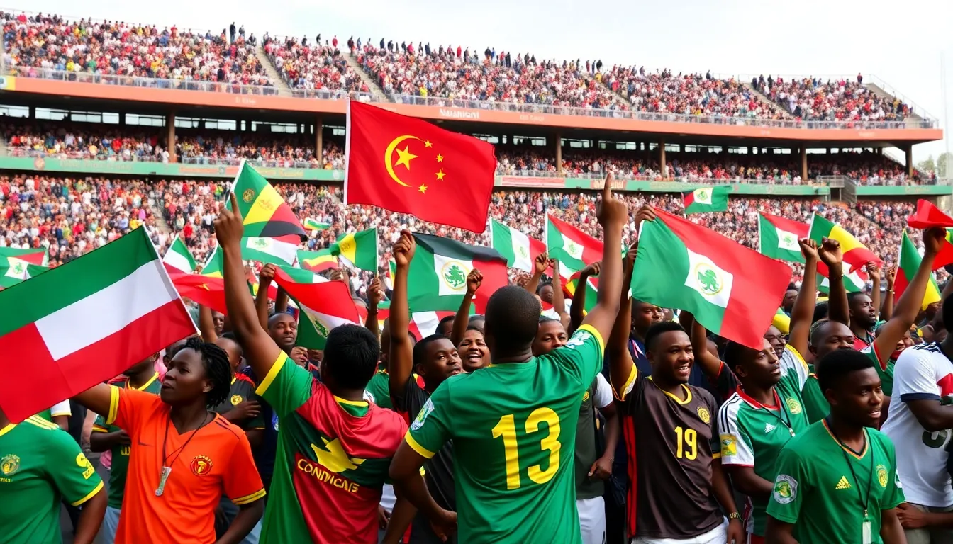 Fans from various nations coming together in unity, demonstrating the cultural diversity and shared passion for football across Africa