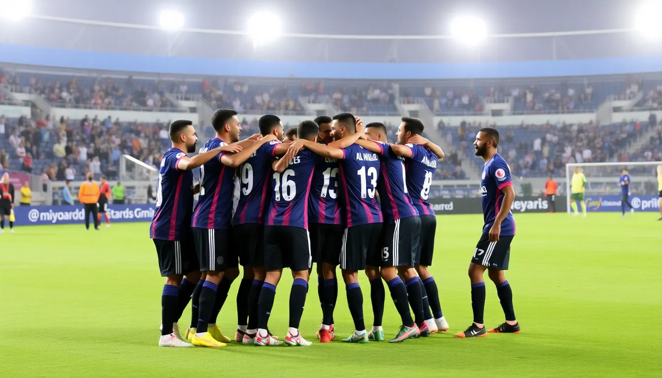 AlHilal fans celebrate enthusiastically in the stands after their team's thrilling 21 victory over AlNassr, marking a pivotal moment in the Saudi Pro League title race.