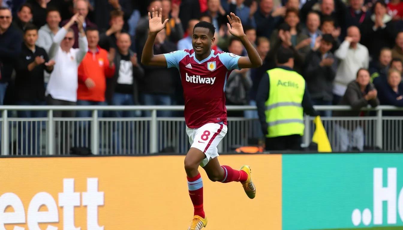 Aston Villa fans cheering passionately in the stands, embodying the pride and joy of their team's success in the Premier League clash