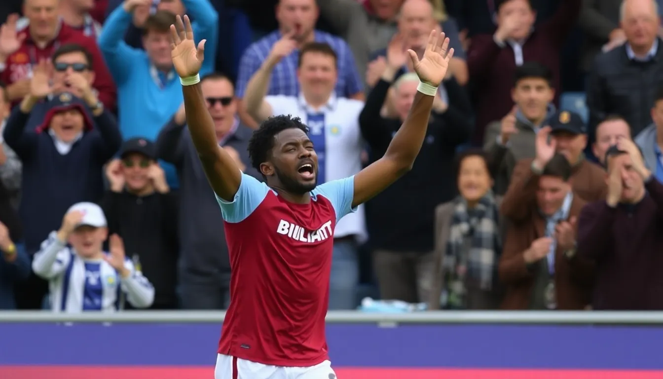 Ollie Watkins celebrates with teammates after scoring his second goal, securing Aston Villa's 21 victory over Chelsea at Stamford Bridge.