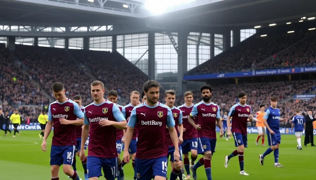 Burnley players react in frustration after missing a scoring opportunity during their match against Everton at Turf Moor.