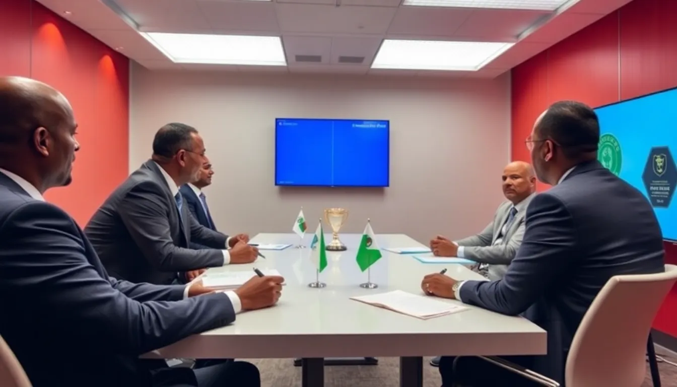 A group of officials from the Confederation of African Football announces the conclusion of media rights agreements for the upcoming African Cup of Nations in front of a banner displaying the tournament logo.