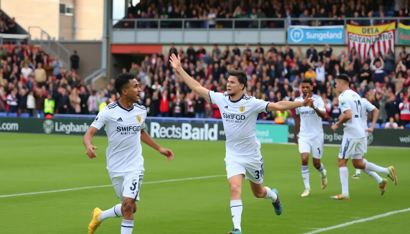 Dominic CalvertLewin celebrates with teammates after scoring a late equalizer for Leeds United during their intense match against Sunderland at the Stadium of Light.