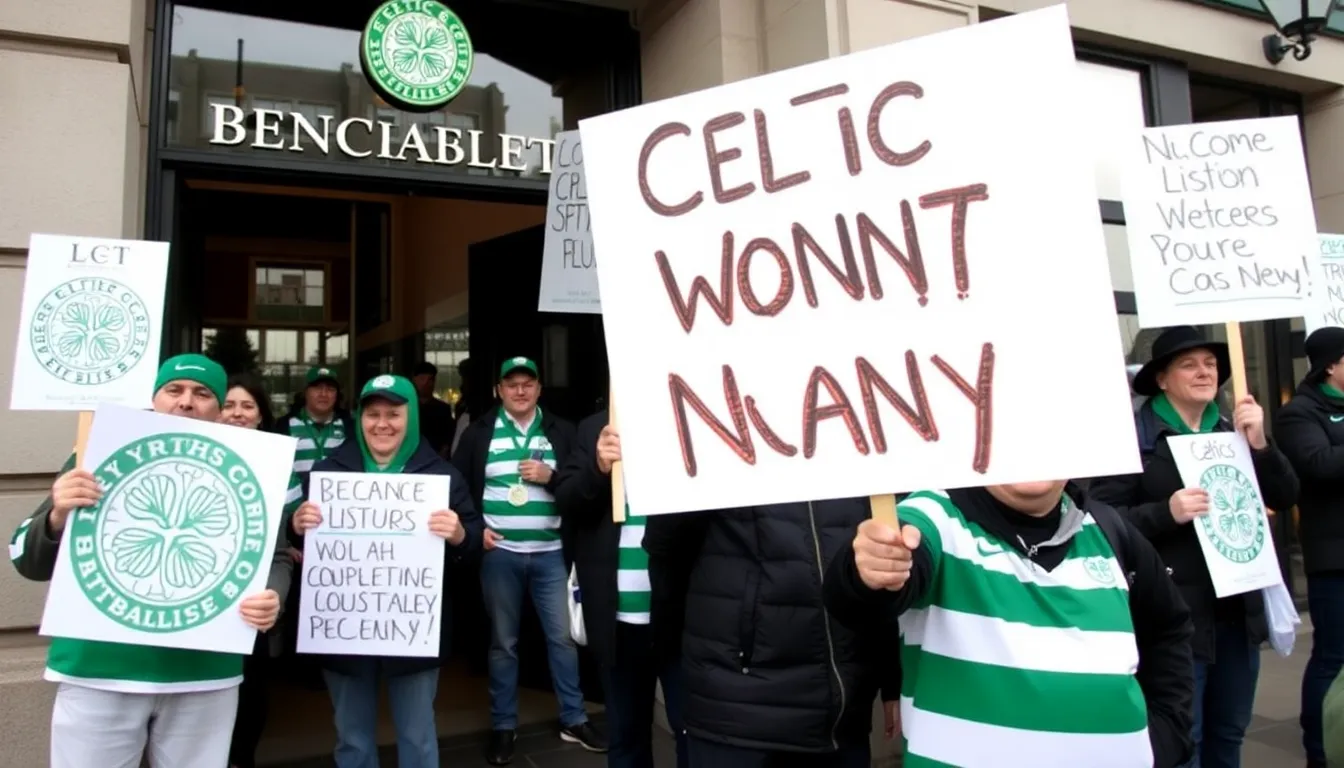 Celtic fans gather outside the stadium, holding banners and chanting slogans in protest against manager Nancy and the club's board amid growing frustration over the team's recent performances.