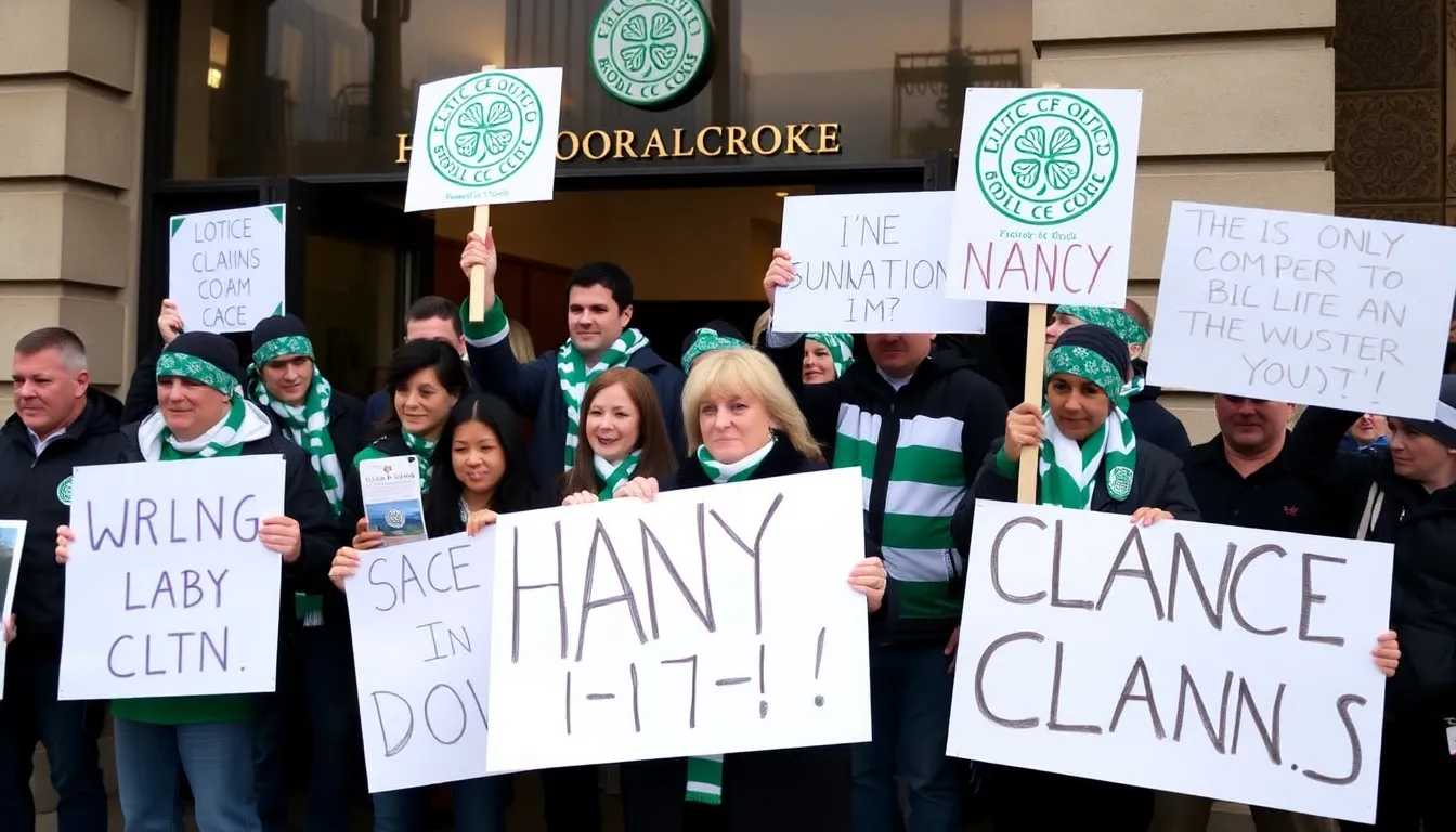 A group of Celtic supporters gathered at a fan forum, passionately discussing their concerns about the team's direction and management