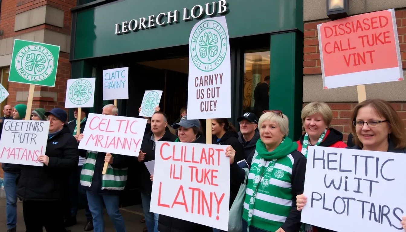 An emotional scene at Celtic Park as fans express their discontent, holding banners and signs demanding accountability from the board and management