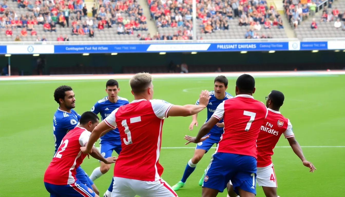 Players from both teams engage in heated exchanges, showcasing the fierce rivalry and competitive spirit that defines the match