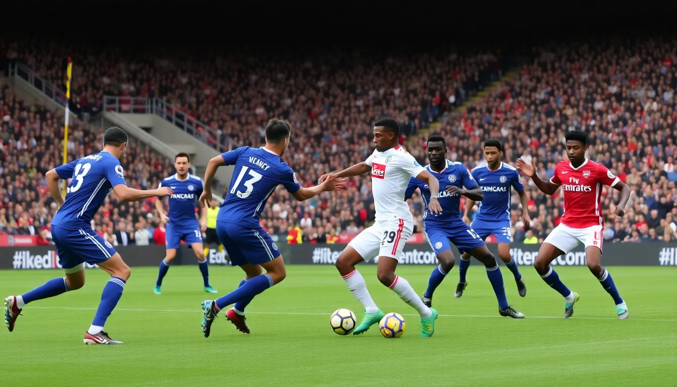 A tense moment unfolds on the pitch as Chelsea, reduced to ten men, defends tenaciously against Arsenal's relentless attacking efforts