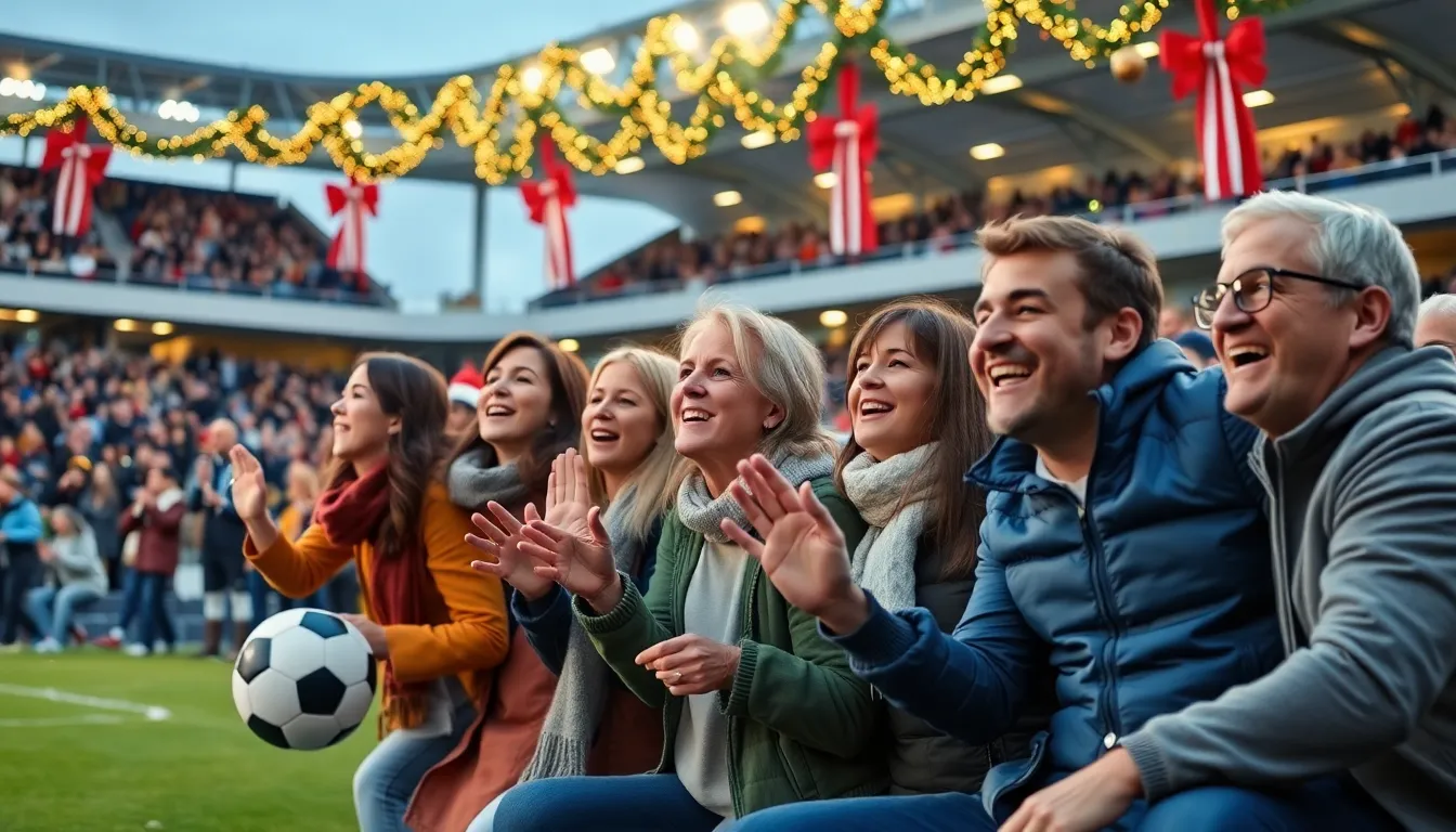Fans gather in a packed stadium, wearing team jerseys and scarves, as they cheer enthusiastically during a lively Boxing Day football match.