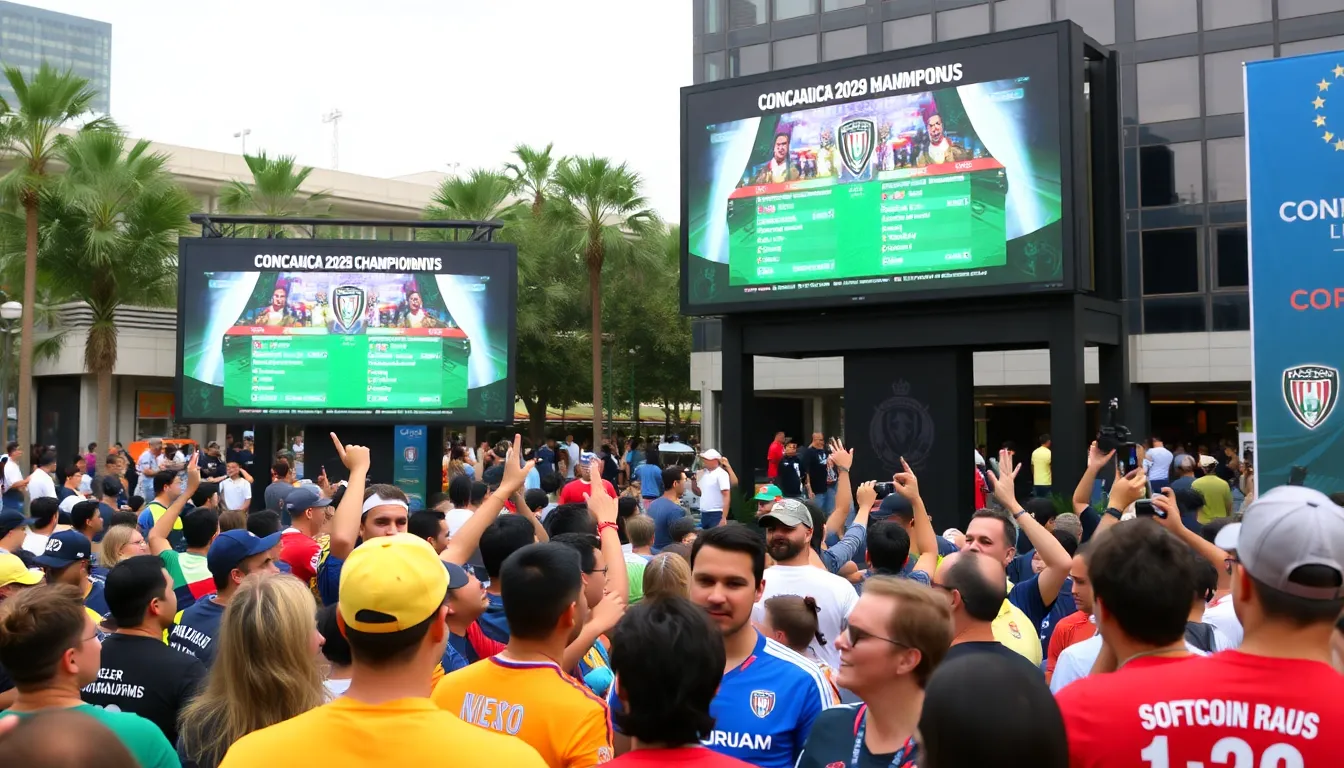 A vibrant crowd of enthusiastic fans cheering passionately for their favorite teams during a previous Champions Cup match, highlighting the tournament's significance in the region
