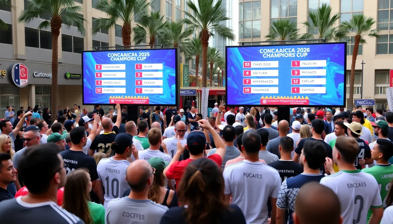 A promotional banner for the 2026 Champions Cup displayed in a bustling city, illustrating the excitement and anticipation building up around this prestigious soccer tournament