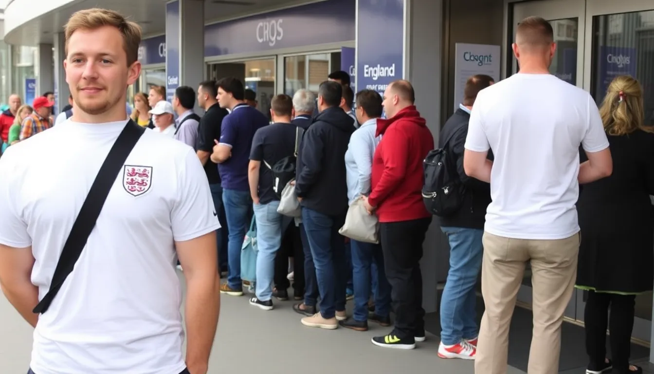A group of England fans stands outside a sports bar, discussing the soaring ticket prices for the World Cup final while wearing team jerseys and holding flags.