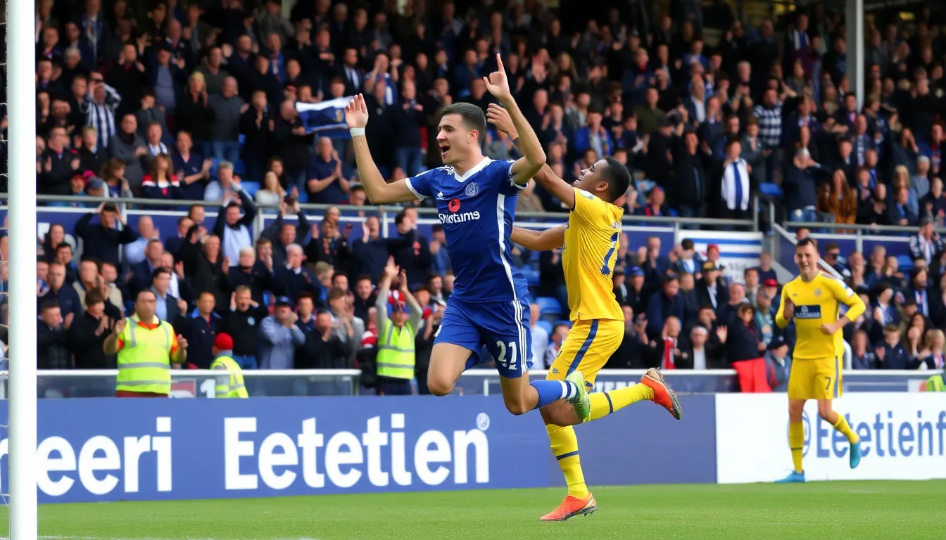 Jaden Philogene celebrates with teammates after scoring a remarkable longrange goal during Ipswich Town's victory at Portman Road.