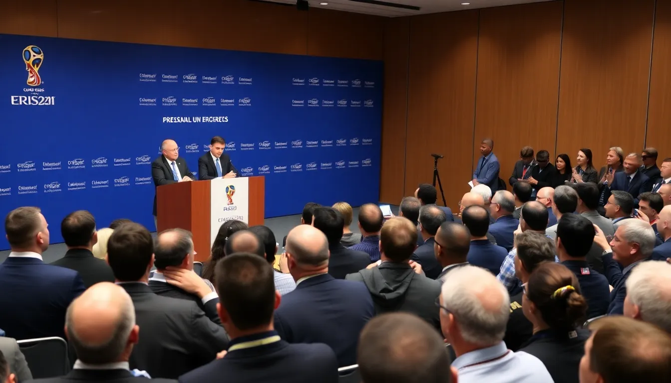 FIFAの1億ドル教育プログラムの発表を受けて、サッカーの指導者や選手が集まる会議が行われている様子。
