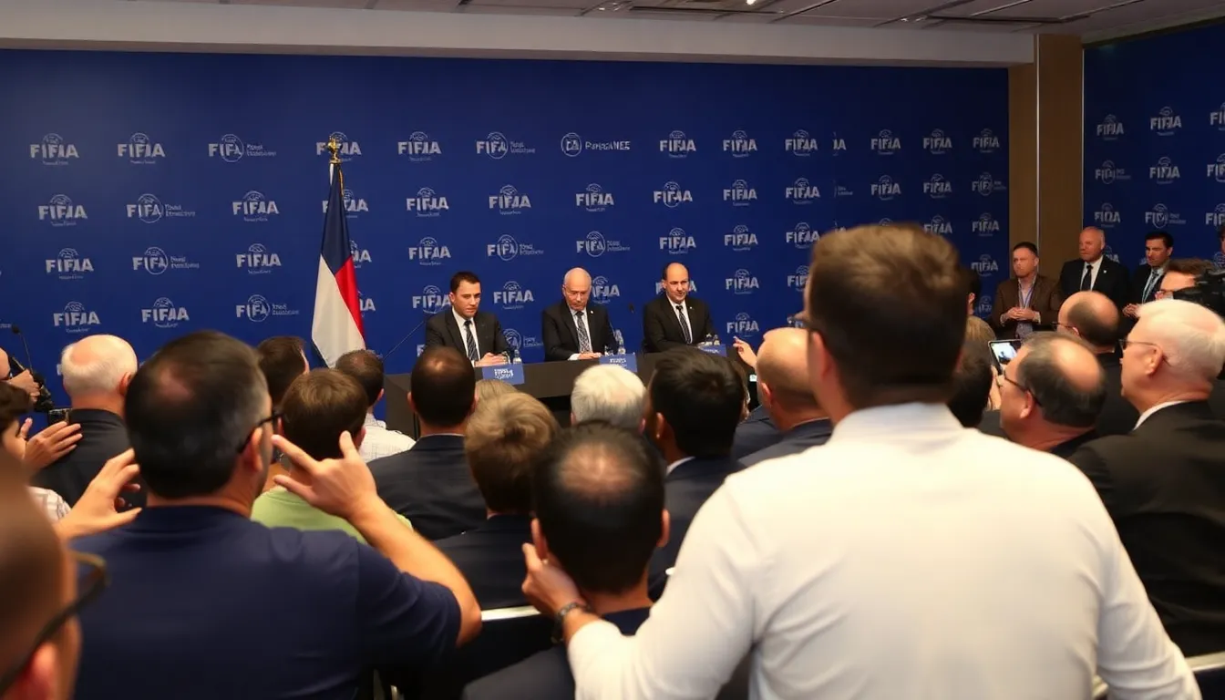 ワールドカップの抽選イベントに参加する各国のサッカー協会の代表者たちが緊張した表情で待機している光景