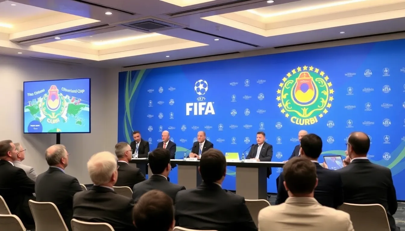 FIFA가 지속 가능한 개발과 사회적 책임을 강조하는 새로운 프로그램을 발표하는 기자회견에서 관계자들이 논의하고 있다.