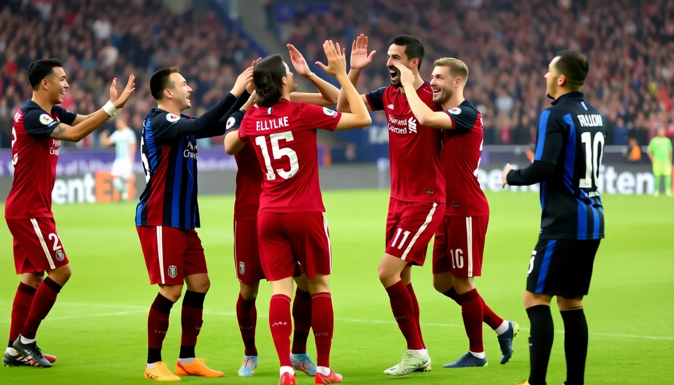 Dominik Szoboszlai celebrates with teammates after scoring the decisive penalty that secured Liverpool's victory over Inter Milan during a thrilling UEFA Champions League match at Anfield.