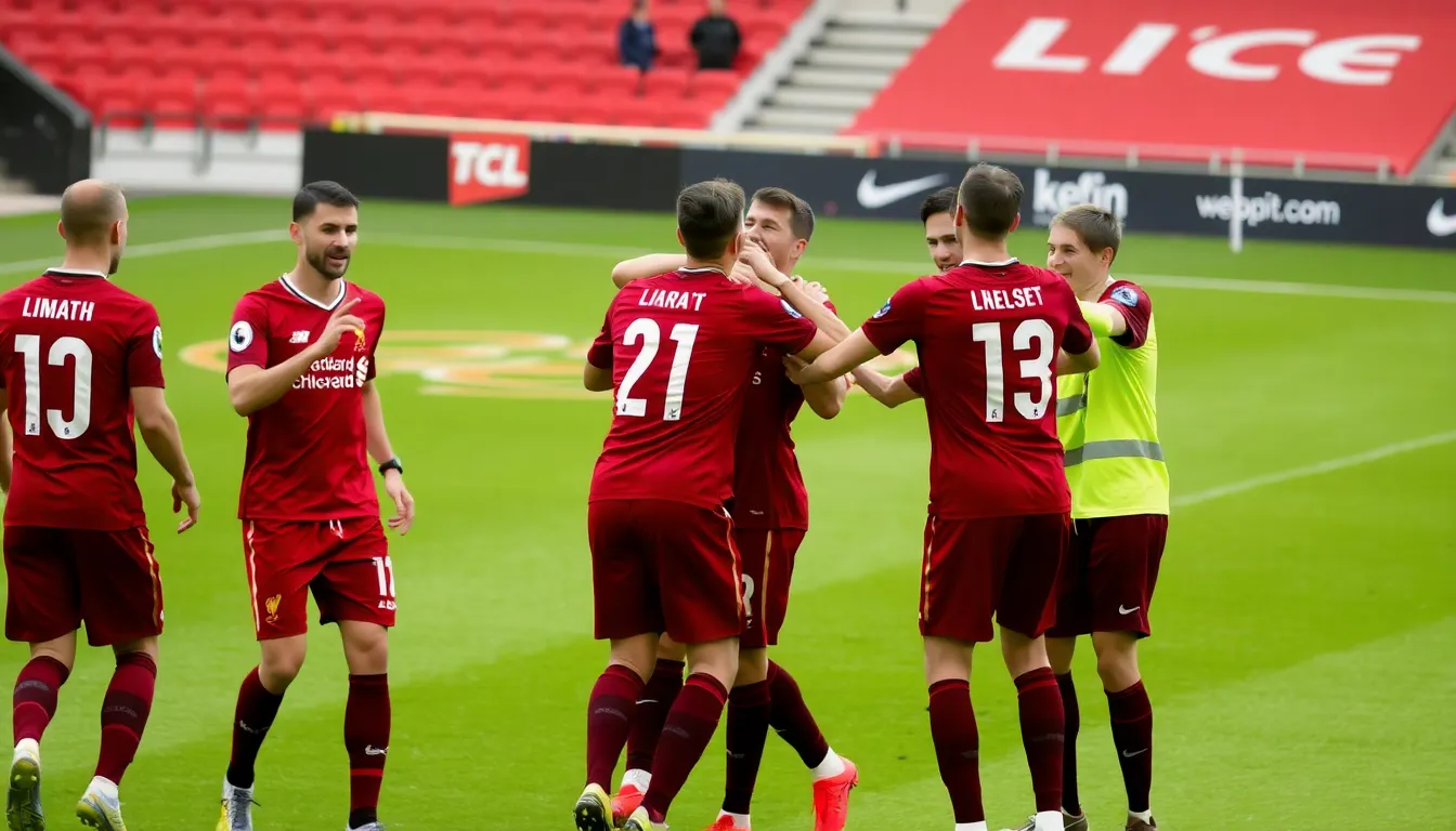Liverpool players celebrate together after securing a 21 victory against Manchester City, showcasing their teamwork and resilience in the absence of Mohamed Salah.