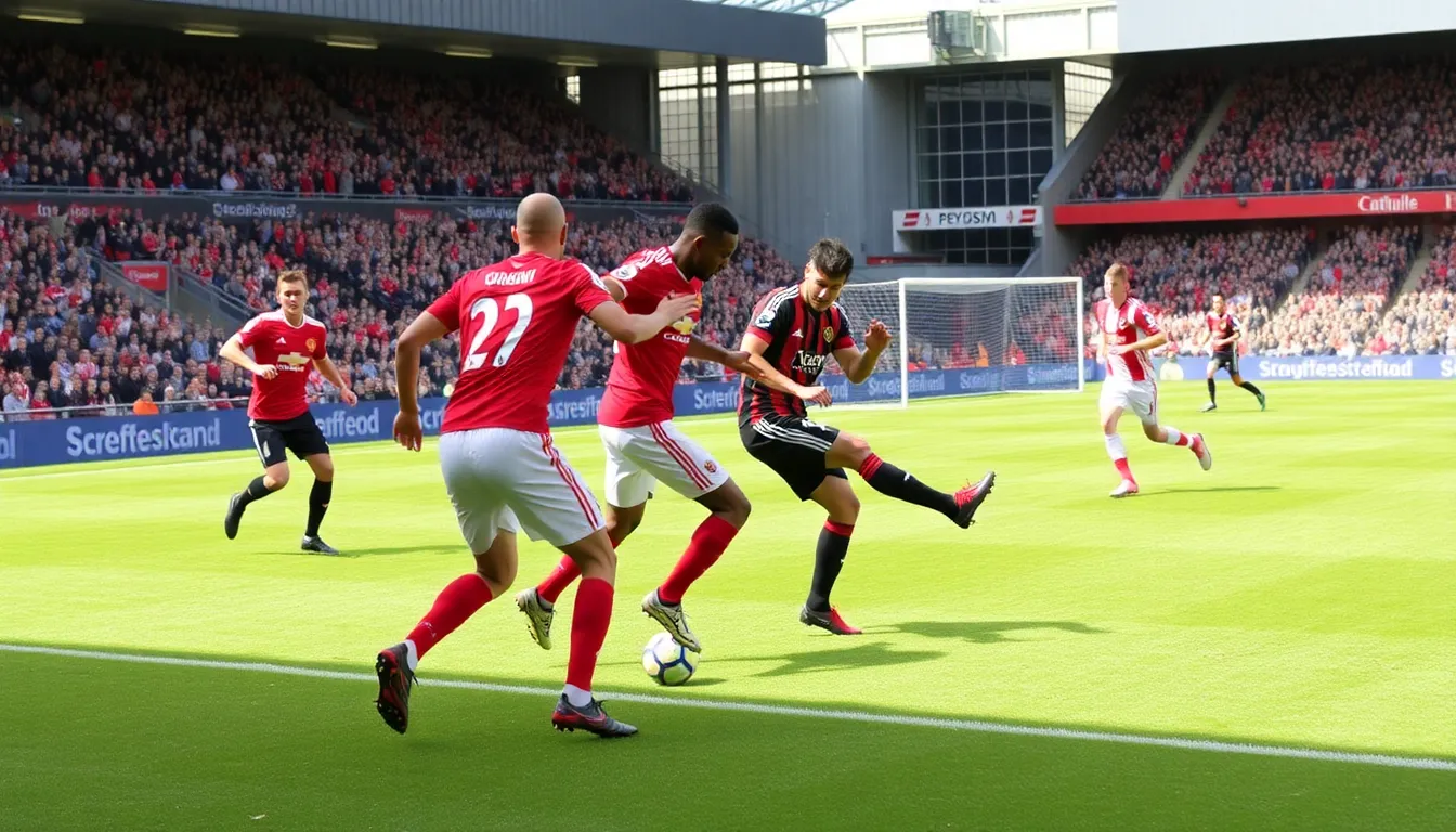 Fans celebrate in the stands at Old Trafford as Manchester United and Bournemouth finish their thrilling 44 draw, with players exchanging handshakes on the pitch.