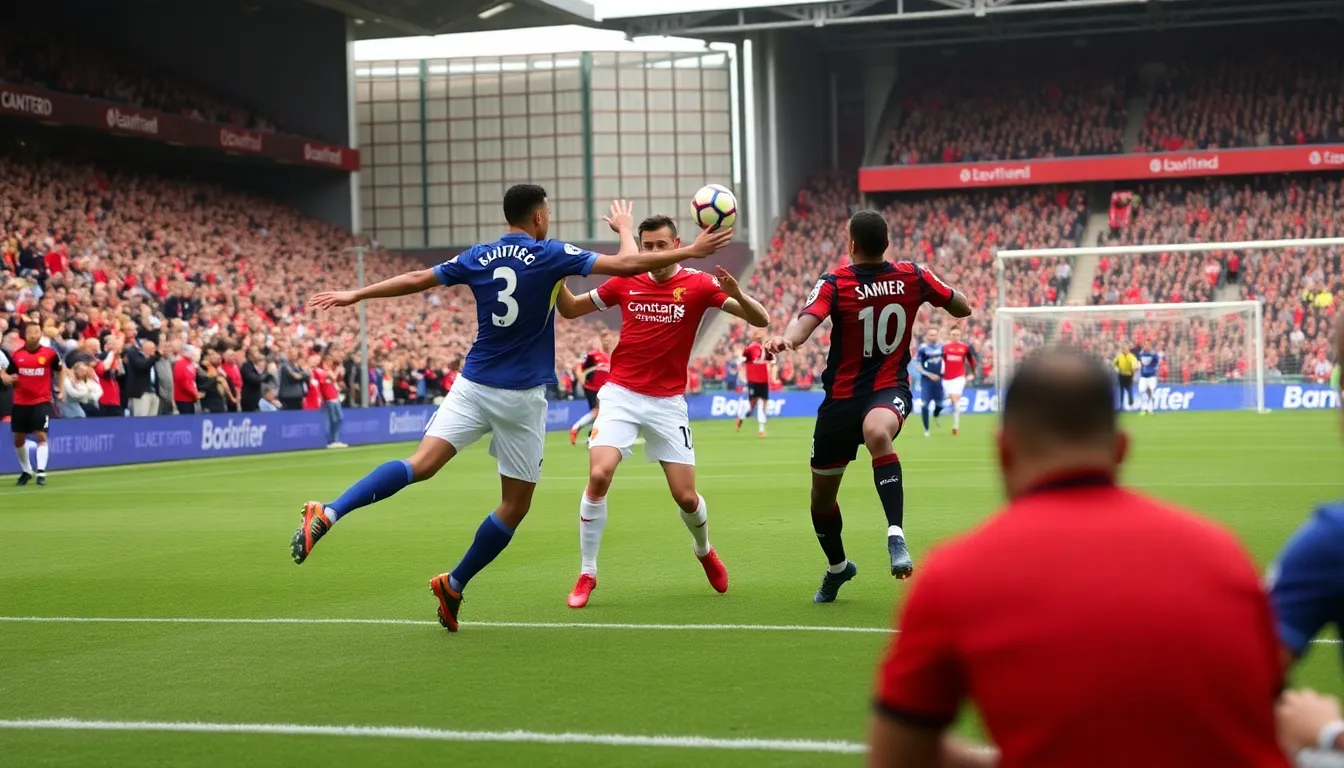Dominic Solanke skillfully dribbles past Manchester United defenders, showcasing his pivotal role in Bournemouth's comeback efforts
