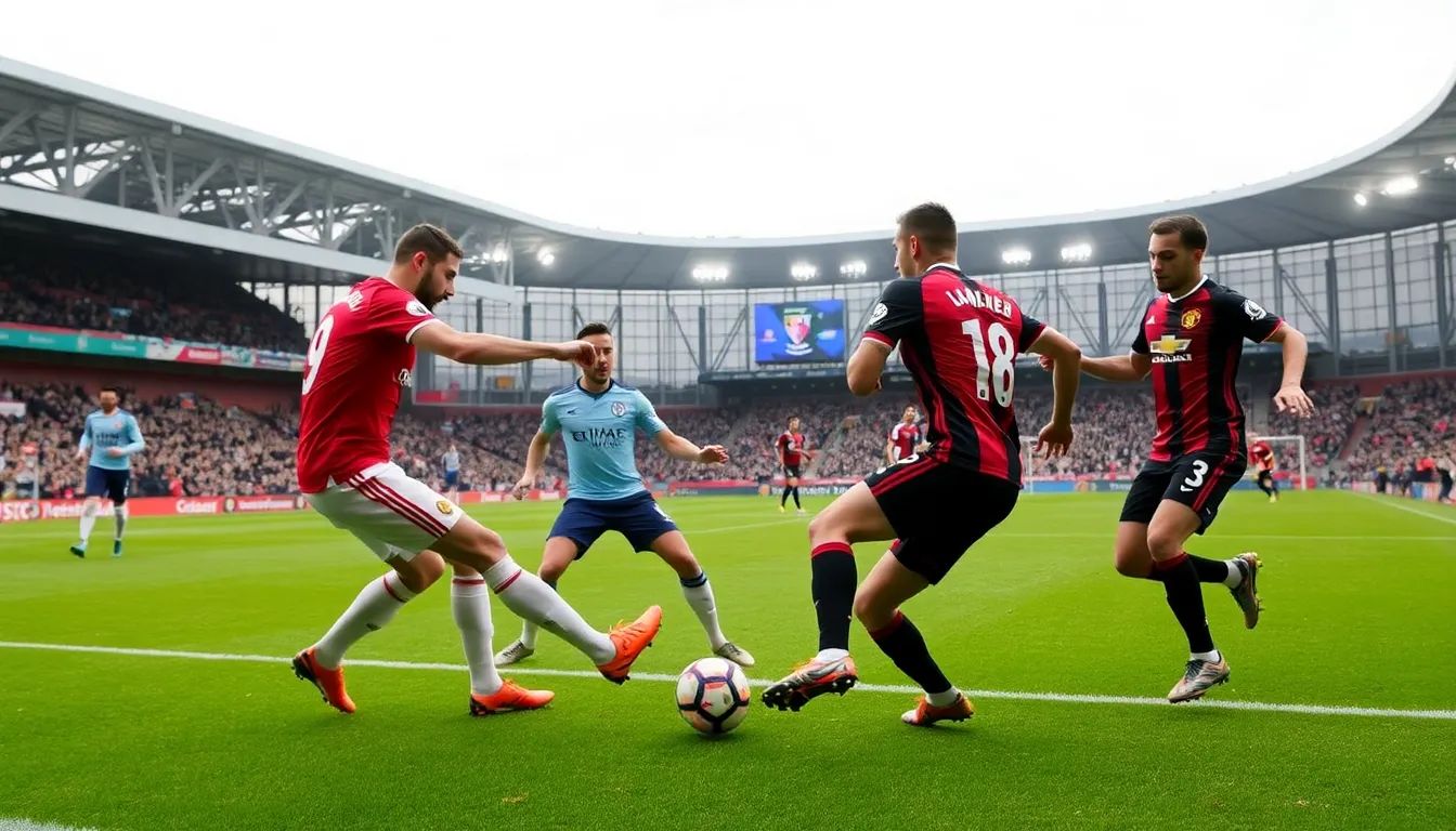 Fans at Old Trafford erupt in cheers as Manchester United and Bournemouth engage in a highscoring battle, with the scoreboard reading 44 amidst a sea of excitement.