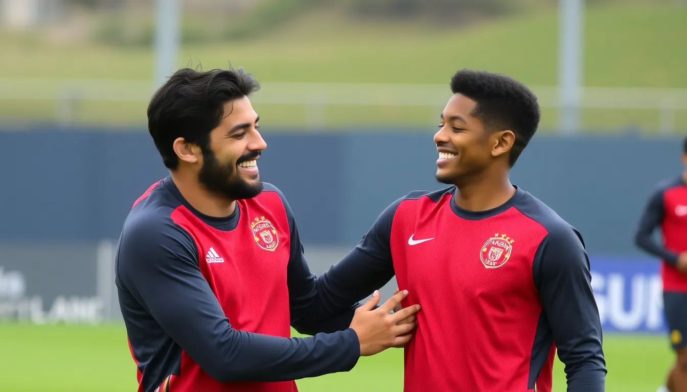 Xabi Alonso, a seasoned veteran, is seen interacting with young Brazilian talent Vinicius Jr., highlighting the contrasting dynamics between established players and rising stars in football