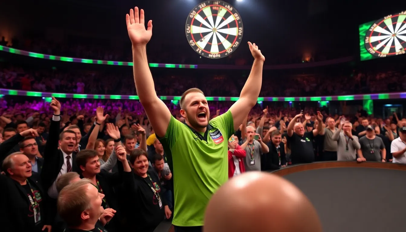 Michael van Gerwen celebrates his dramatic comeback victory, raising his arms in triumph as the crowd erupts in cheers during the intense match.