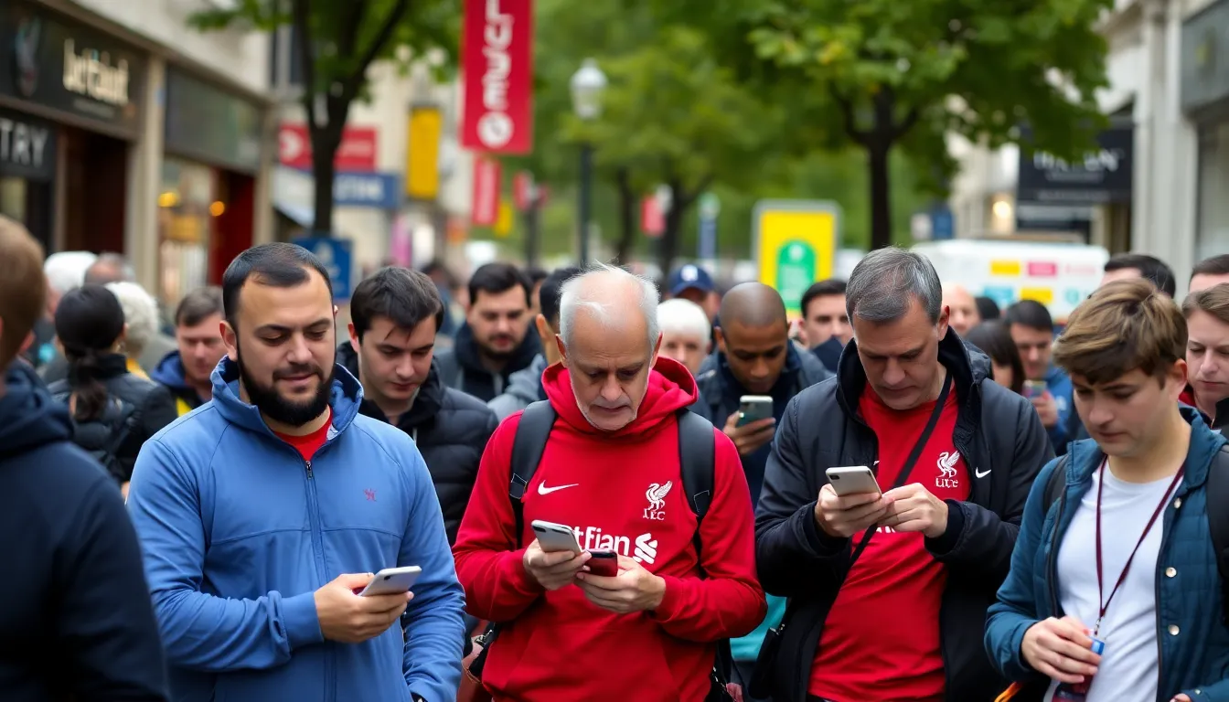 Fans gather outside a stadium, eagerly awaiting the start of a Premier League match amidst banners and team colors.
