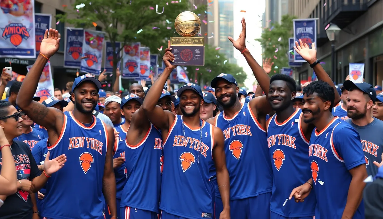 A sea of blue and orange fills the streets of New York City as jubilant fans gather to commemorate the Knicks' historic win, marking a new chapter in the franchise's legacy