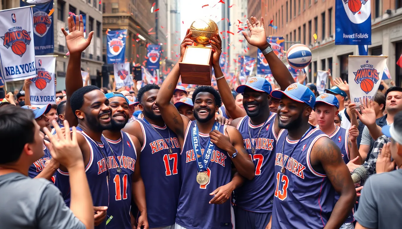 Fans celebrate in Madison Square Garden as the New York Knicks hoist the NBA Cup, marking the end of a 50year championship drought.