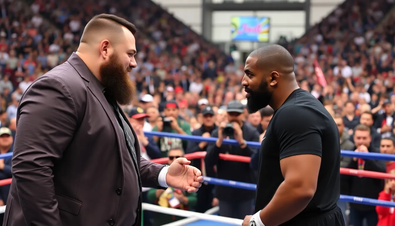 A bustling boxing promotion event featuring representatives from Matchroom Boxing and Top Rank, emphasizing the financial stakes and preparations for the highly anticipated match