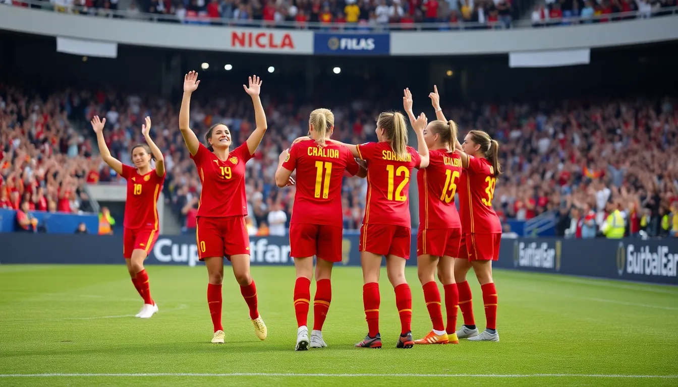 A vibrant crowd cheers enthusiastically for Spain's women's football team, reflecting the growing support and interest in women's sports across the nation
