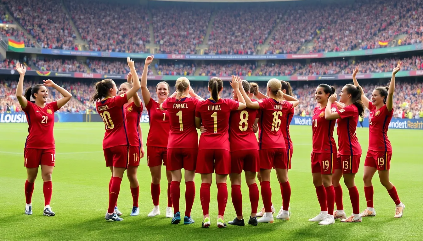 Spain's women's national football team celebrates their historic achievement of reaching the top of the FIFA Women's World Rankings, surrounded by fans waving flags and banners in a vibrant stadium atmosphere.