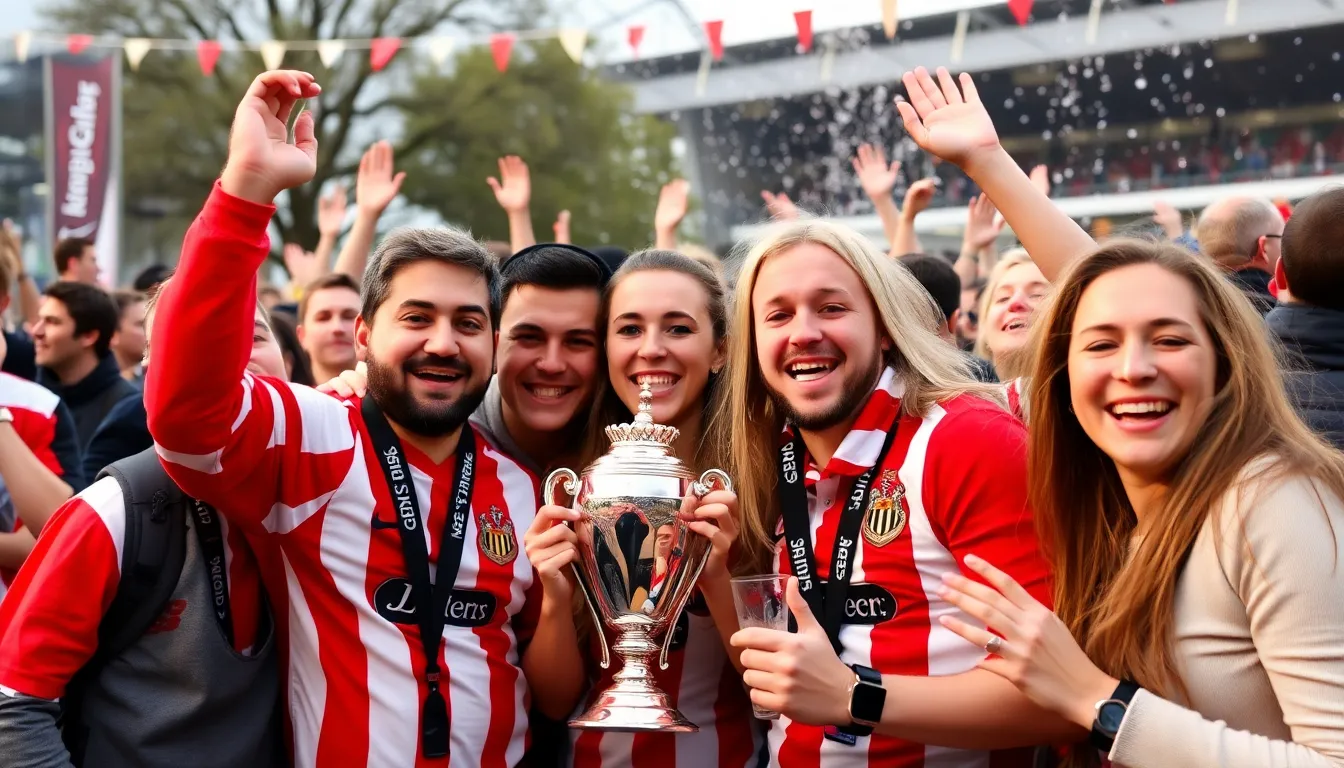 Sunderland fans gather in a local pub, raising their glasses in celebration and wearing Newcastle jerseys to honor their rivals' recent FA Cup victory.