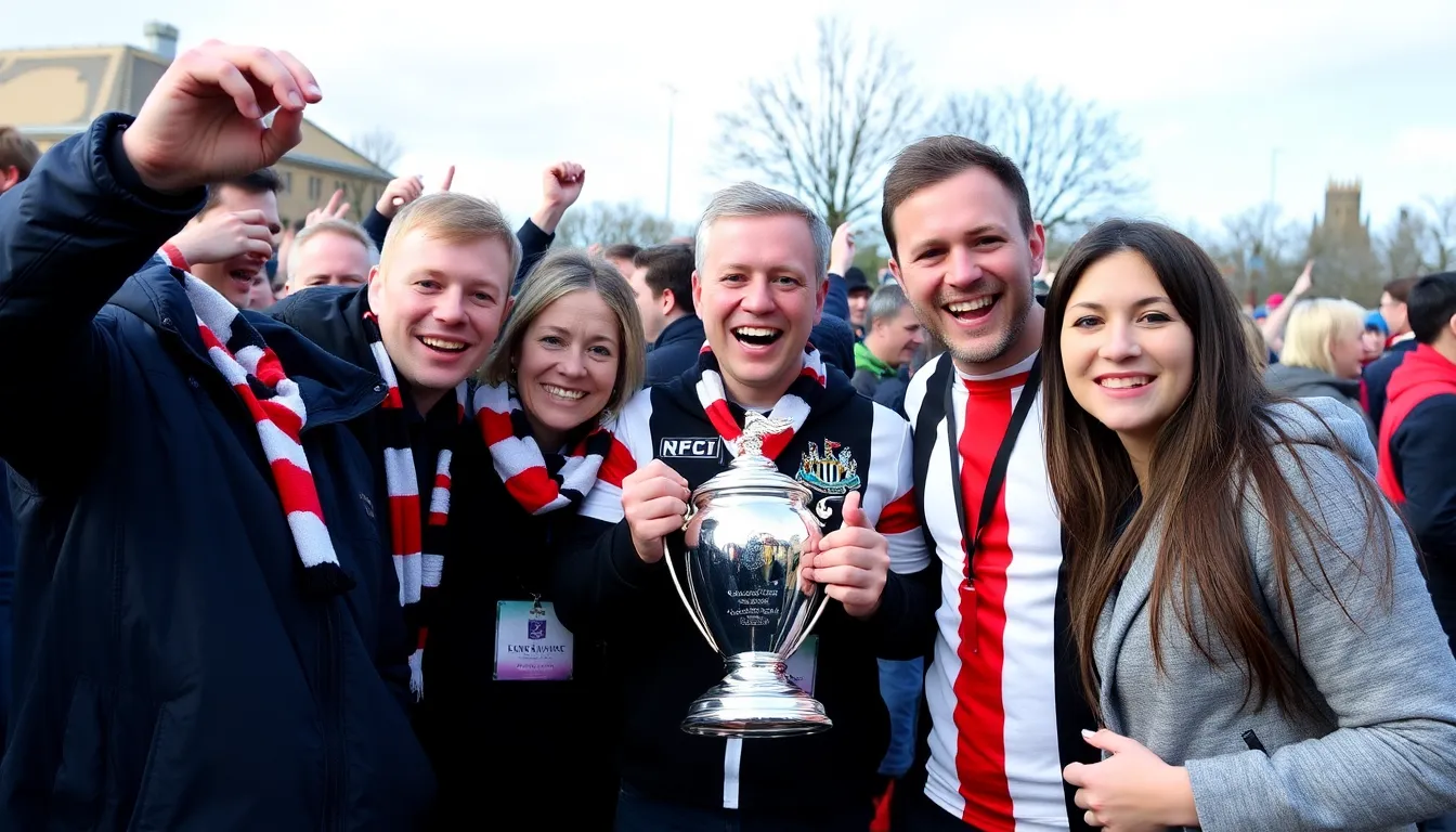 A group of Sunderland supporters wearing team colors and chanting together, reflecting their pride and unity following the celebration of Newcastle's win