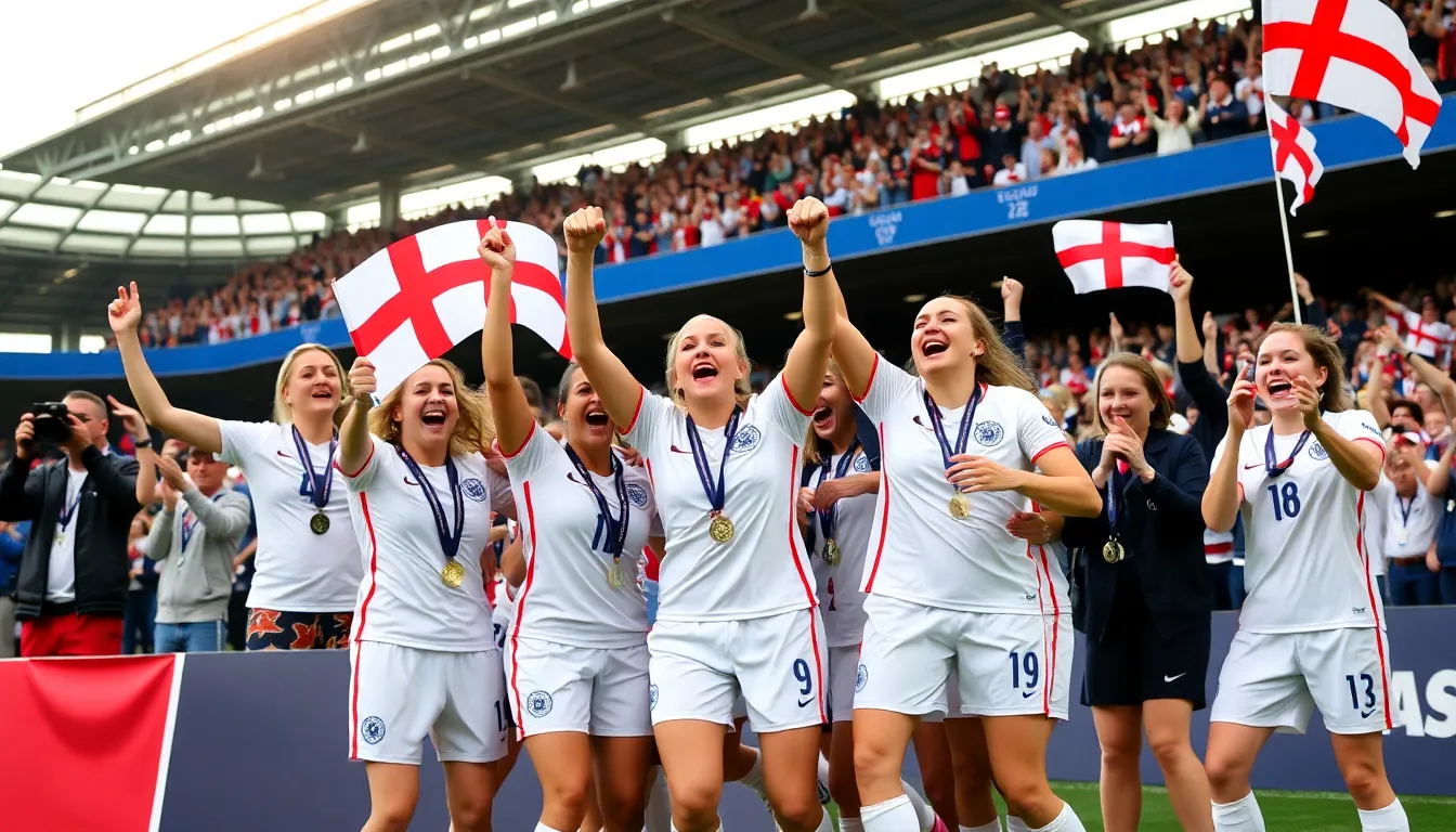 Fans cheer enthusiastically as the England women's national football team celebrates their historic victory at Wembley Stadium after winning the UEFA Women's Euro 2022 final against Germany.