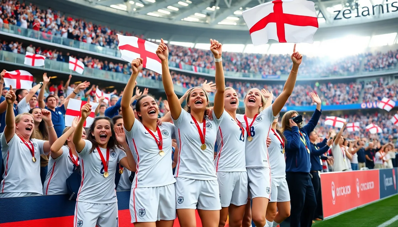 The excitement of a packed stadium during a women's soccer match, illustrating the increasing support and enthusiasm for women's sports as a result of recent triumphs