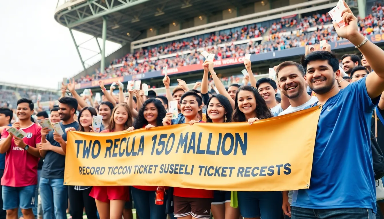 Fans gather outside a stadium, eagerly discussing the upcoming 2026 event as they hold signs expressing their excitement for the historic tournament.
