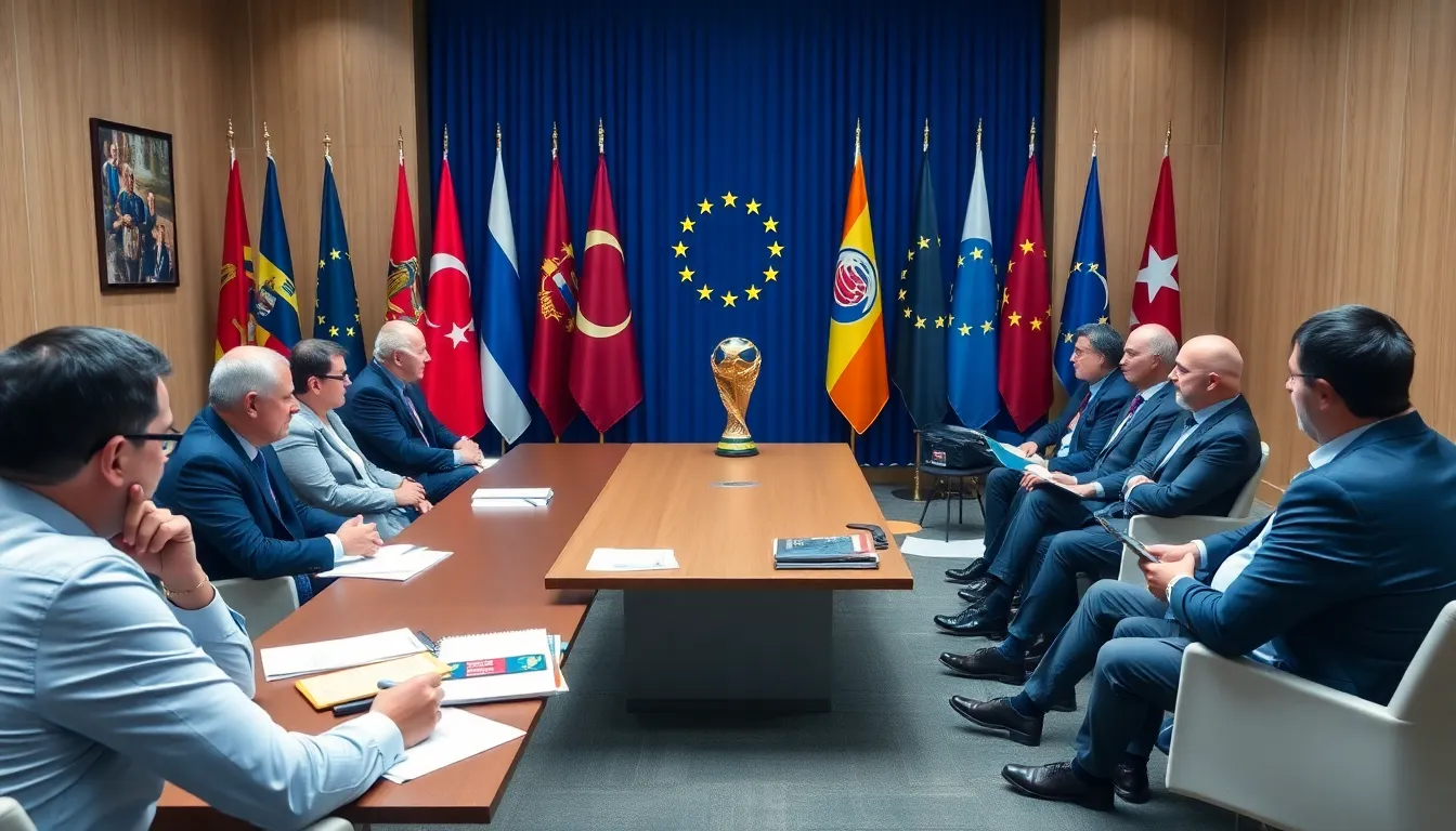 A group of European football officials discusses the implications of the 2026 World Cup, surrounded by banners and flags representing various nations, as they weigh the potential for a boycott over human rights concerns.