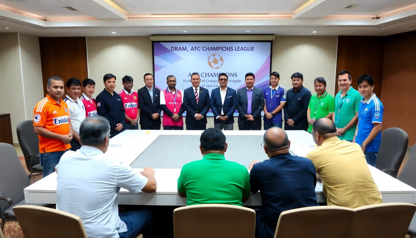 A group of football officials and team representatives gather around a table as the AFC conducts the draw for the knockout rounds of Champions League Two, with anticipation evident on their faces.