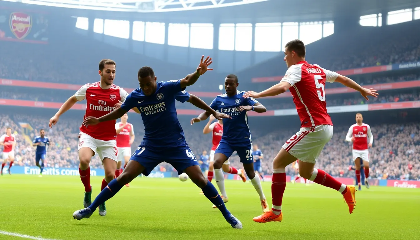 Arsenal players celebrate after Leandro Trossard scores the winning goal against Chelsea during a thrilling Carabao Cup semifinal match at the Emirates Stadium.
