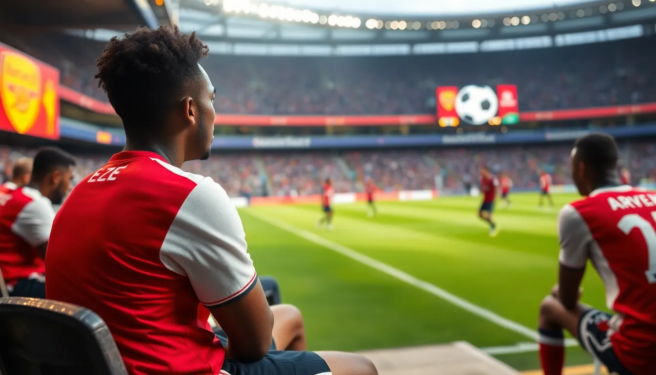 Manager Mikel Arteta discusses tactics with his coaching staff, reflecting the strategic decisions impacting Eze's opportunities on the pitch