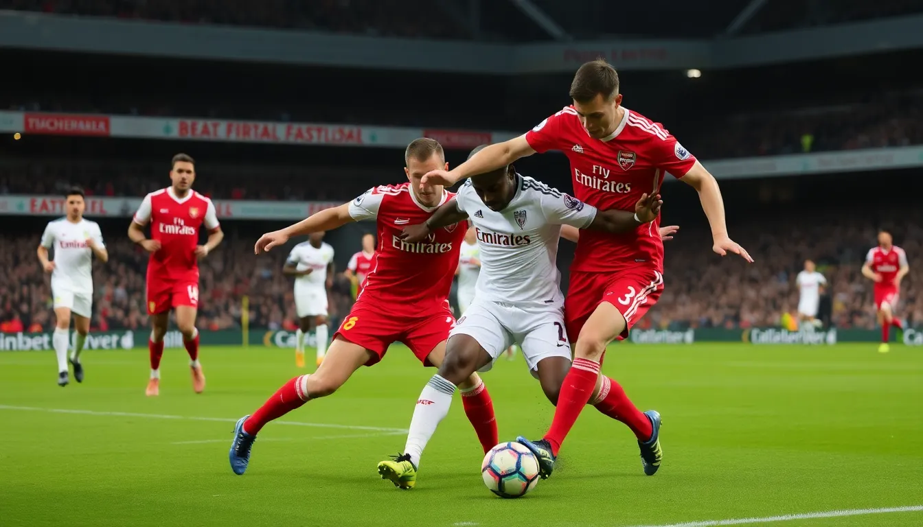 Arsenal and Liverpool players compete fiercely for possession of the ball during a highstakes match at the Emirates Stadium, with fans passionately cheering from the stands.