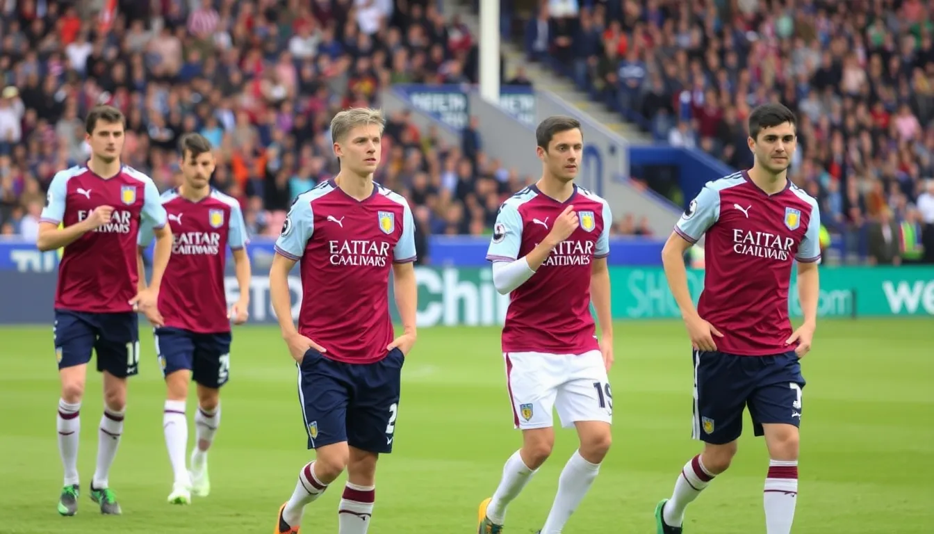 Aston Villa players look dejected on the pitch as Everton celebrates their 10 victory, marking a critical setback in Villa's title aspirations.