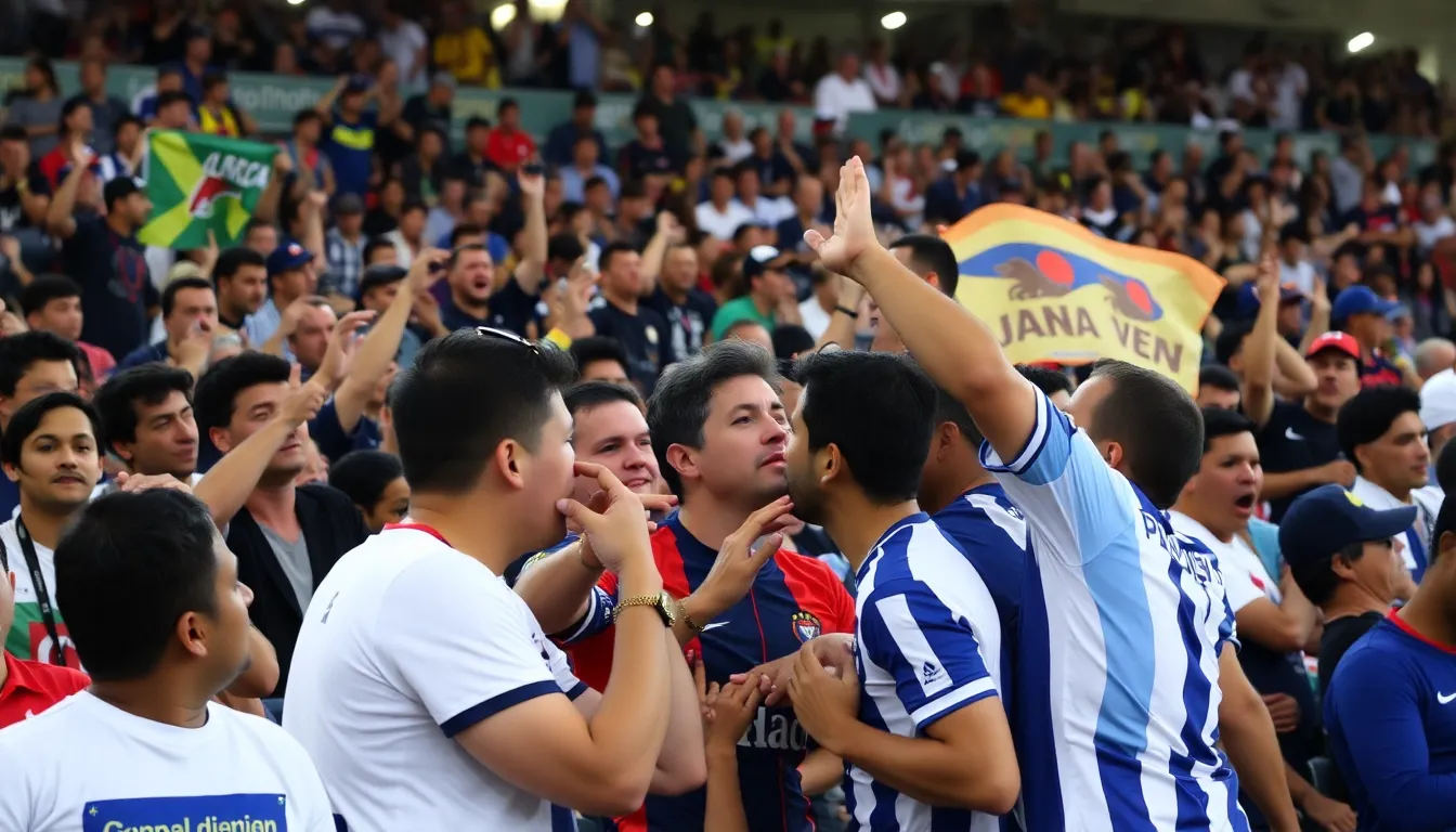 Fans of Tottenham Hotspur and Fulham clash in the stands during a heated match, with emotions running high as players Micky van de Ven and João Palhinha are at the center of the rivalry.