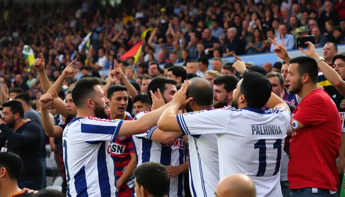 A tense moment on the pitch as Van de Ven and Palhinha engage in a heated confrontation, symbolizing the fierce competition between Tottenham Hotspur and Fulham
