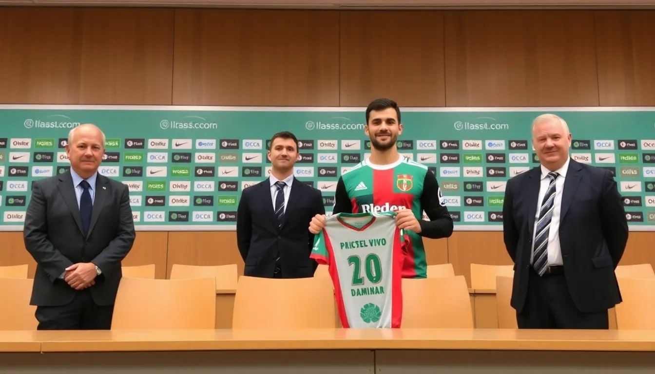 Damián is seen in a Celta de Vigo jersey during a press conference announcing his loan to Racing de Santander, with club officials and reporters in the background.